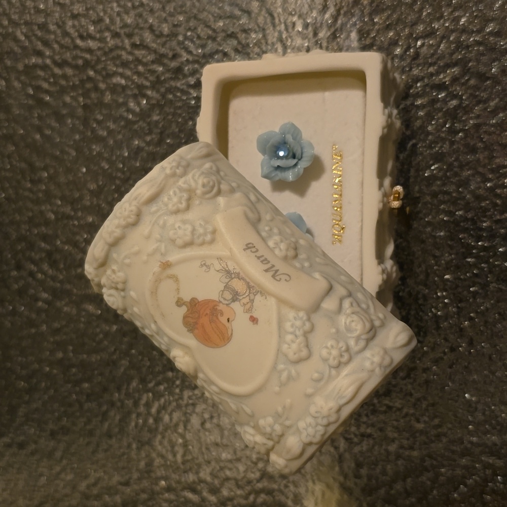 Precious Moments - Vintage March Trinket Box with Aquamarine Earrings - NWOT